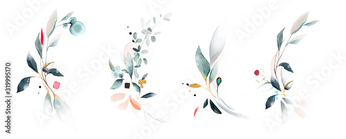  watercolor arrangements with leaves, herbs.  herbal illustration. Botanic composition for wedding, greeting card.
