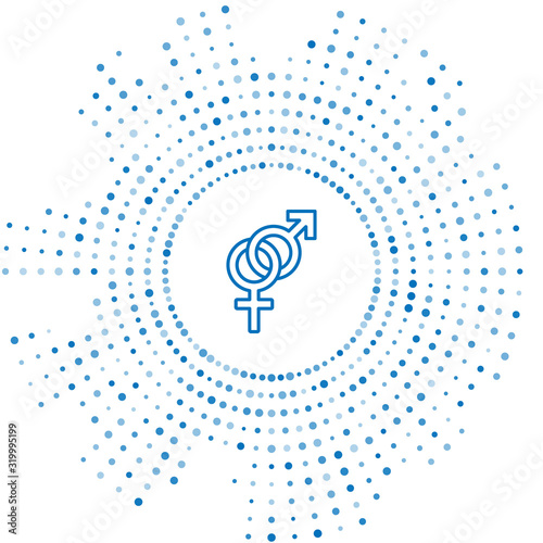 Blue line Gender icon isolated on white background. Symbols of men and women. Sex symbol. Abstract circle random dots. Vector Illustration
