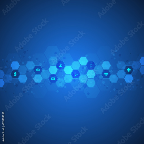 Healthcare and technology concept with flat icons and symbols. Template design for health care business, innovation medicine, science background, medical research. Vector illustration.
