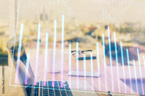 Forex Chart hologram on table with computer background. Double exposure. Concept of financial markets.