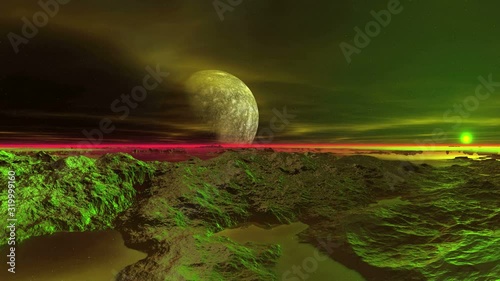 Colorful Sunrise on an Alien Planet. n the dark starry sky, a large moon and rare clouds. A bright sun slowly rises over the foggy horizon. In the water reflects the moon and the sun.