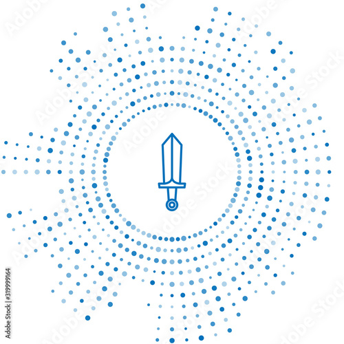 Blue line Sword for game icon isolated on white background. Abstract circle random dots. Vector Illustration