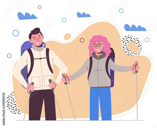 Girl with a guy travel with backpacks. Travelers outdoor. Adventures. Tracking. Mountain climbing and hiking. Flat illustration with memphis style elements.  Isolated on white background