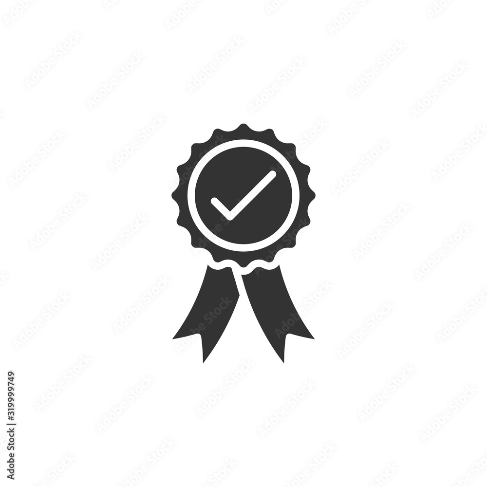 Winner with check mark icon in flat style. Rosette award vector illustration on white isolated background. Medal business concept.