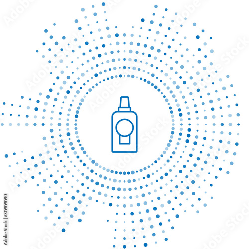Blue line Mouthwash plastic bottle icon isolated on white background. Liquid for rinsing mouth. Oralcare equipment. Abstract circle random dots. Vector Illustration