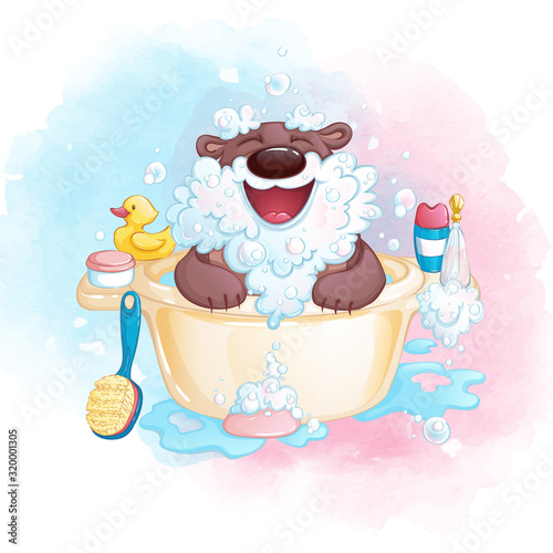 A cute little bear in the bath makes a beard from soapy foam and laughs. Fun bathing baby. Vector cartoon character on a watercolor background.