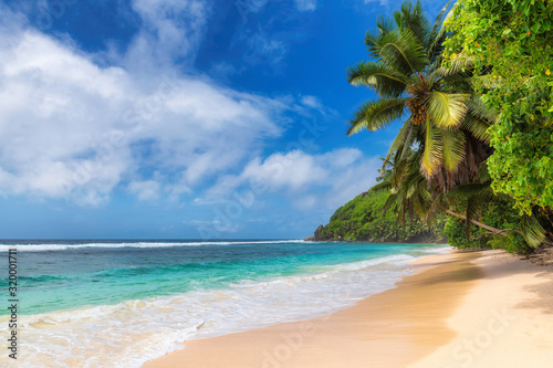 Sunny tropical beach with coco palms and turquoise sea. Summer vacation and tropical beach concept.	