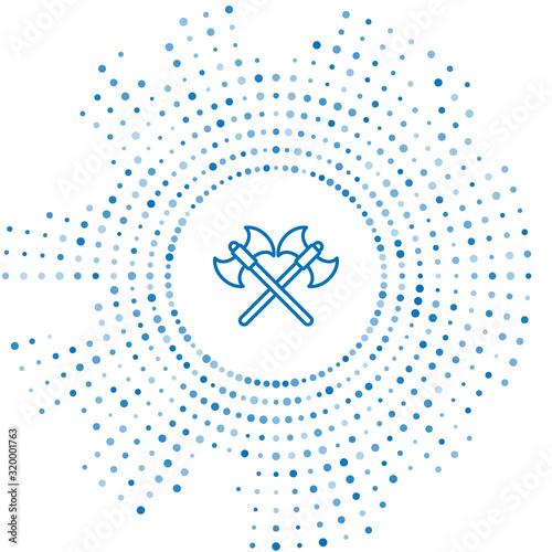 Blue line Crossed medieval axes icon isolated on white background. Battle axe, executioner axe. Abstract circle random dots. Vector Illustration
