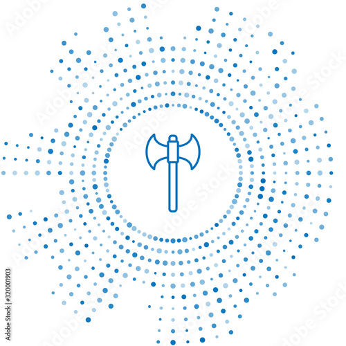 Blue line Medieval axe icon isolated on white background. Battle axe, executioner axe. Abstract circle random dots. Vector Illustration