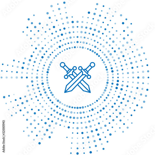 Blue line Crossed medieval sword icon isolated on white background. Abstract circle random dots. Vector Illustration
