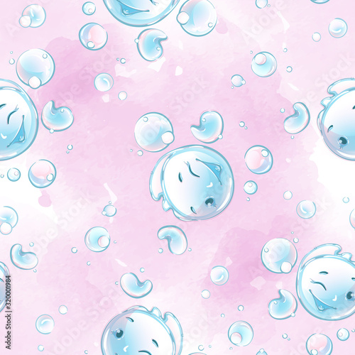 Seamless vector pattern with funny soap bubbles on a pink watercolor background. Children's backgrounds.