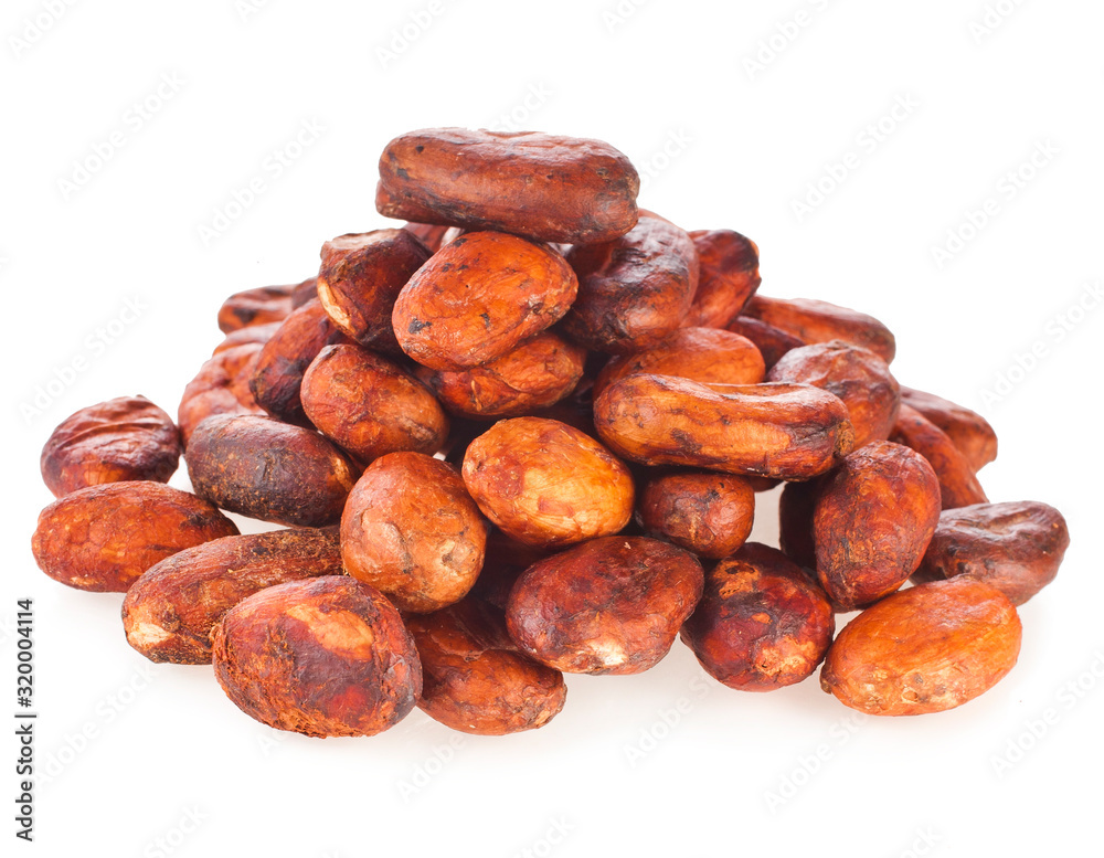 Heap of cacao beans isolated on a white background.