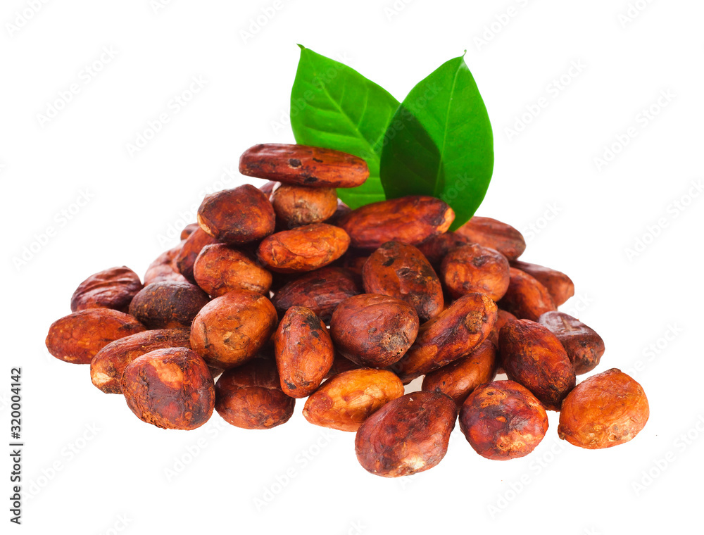 Heap of cacao beans with green leaves isolated on a white background. Heap of cacao beans with green leaves isolated on a white background.