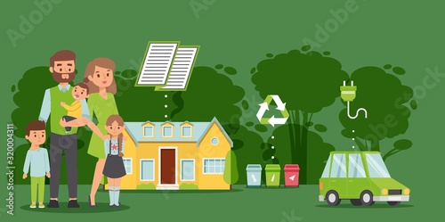 Green lifestyle modern family, environment awareness ecological technologies vector illustration. Renewable power, electric car and garbage recycling. Happy family home, environment friendly lifestyle
