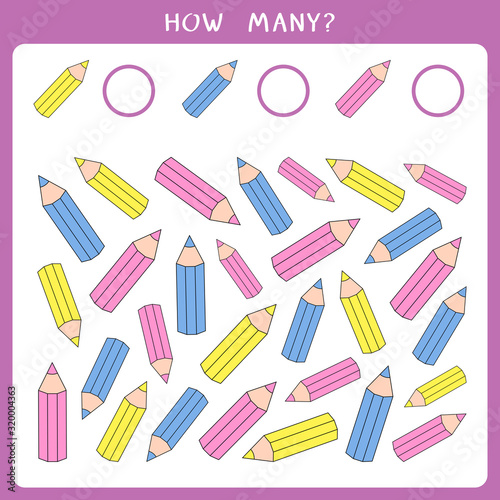 Educational math game for kids. Count how many pencils and write the result