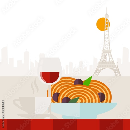 French cuisine restaurant menu, romantic cafe in Paris vector illustration. Pastry shop buns and glass of wine, Eiffel tower view. Bakery breakfast offer in France, traditional food, travel to Europe