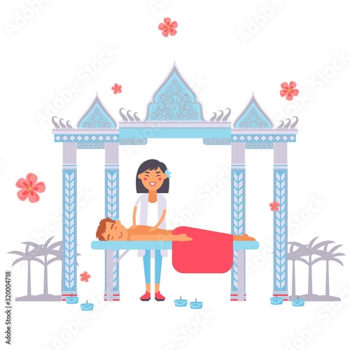 Traditional oriental Asian massage relaxing healthcare treatment vector illustration. Flat style cartoon characters, professional masseuse, body care procedure, massage wellness salon resort promotion