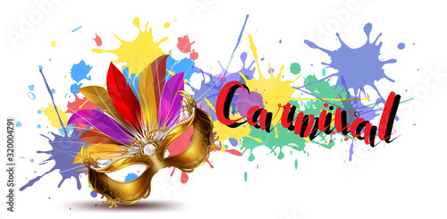 Carnival colorful party feather and text carnival,realistic masks, confetti, and splashes.Festival concept design 3d elements,Venice carnival poster