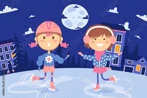 Ice skating children, happy girls outdoor, fun winter activity vector illustration. Kids cartoon characters ice skating at night, evening town outdoor, winter sport for children, active smiling girls