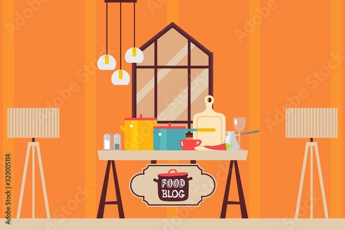 Kitchen interior flat style, cooking setup food blog vector illustration. Table with kitchenware and cooking utensils, household tableware pot and saucepan, cookware items kitchen table culinary show