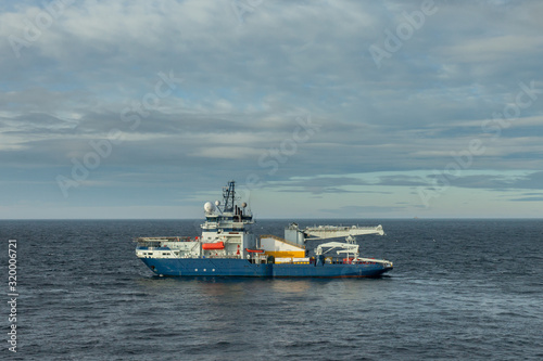 KARA SEA RUSSIA - 2014 OCTOBER 04. Icebreaker far north in Kara Sea with no ice at sea.