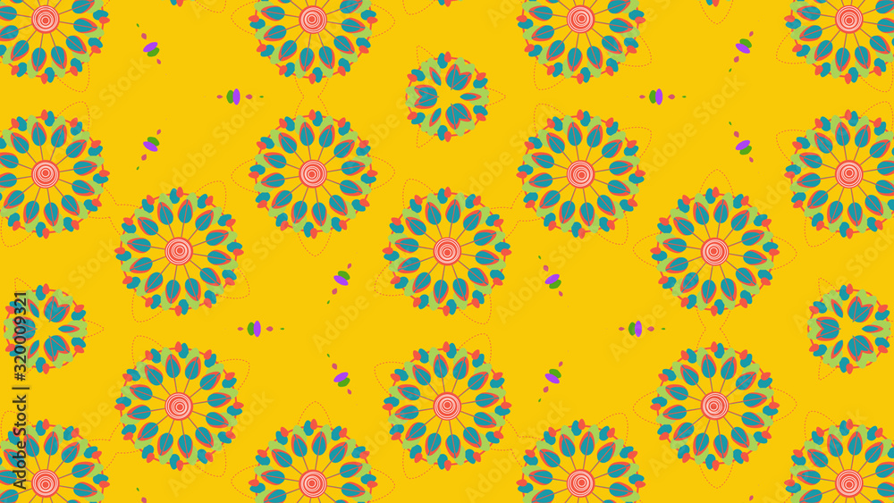Many flowers in circles in yellow backdrop Many flowers in circles in yellow backdrop