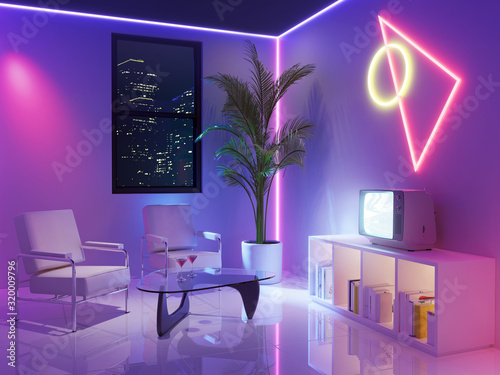3d render - 80s retro neon futuristic inspired room, Memphis style, Miami retro neon design trend.
