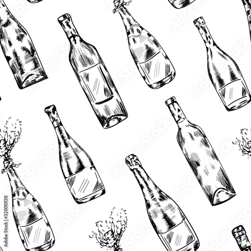 Wine, champagne bottles drink vector seamless pattern on white background. Concept for menu, cards, wallpaper, wrapping paper 