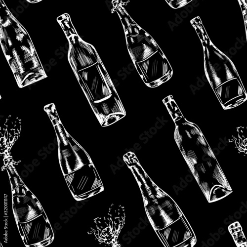 Wine, champagne bottles chalk , drink vector seamless pattern on black background. Concept for print, wallpaper, menu , wrapping paper  