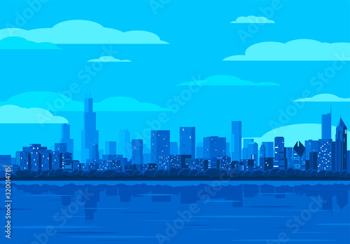 The silhouettes of high-rise buildings on the background of the water surface  the silhouette of the city  the night metropolis