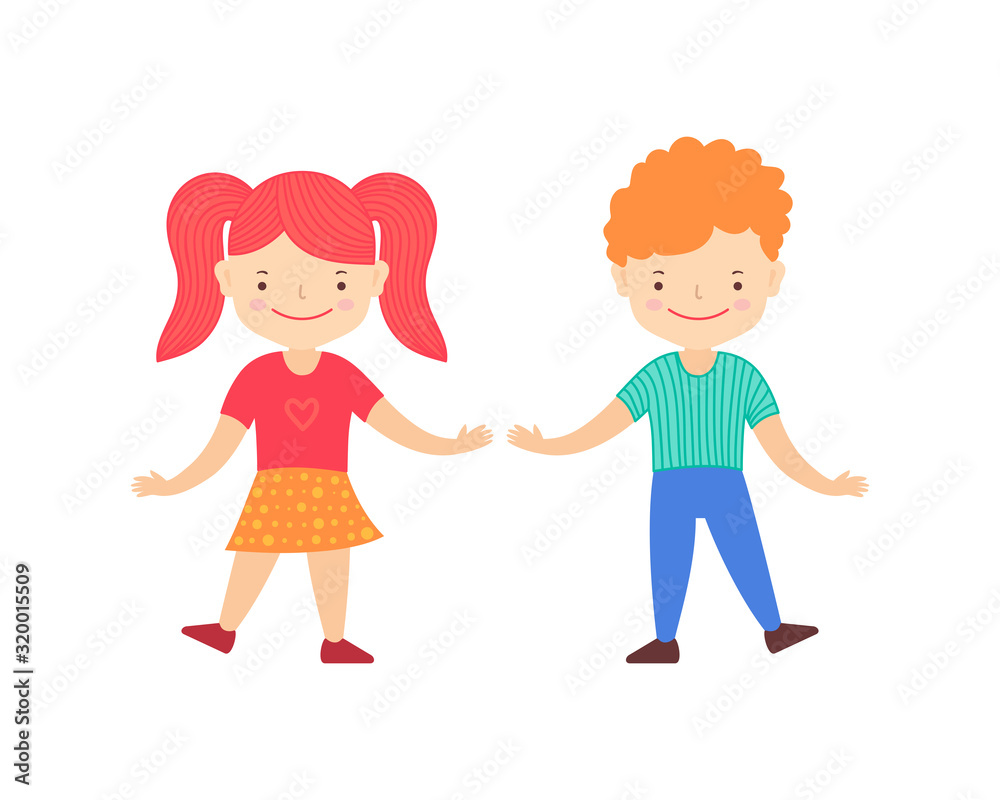 Cute happy children boy with girl dancing. Cartoon style. Vector illustration Cute happy children boy with girl dancing. Cartoon style. Vector illustration
