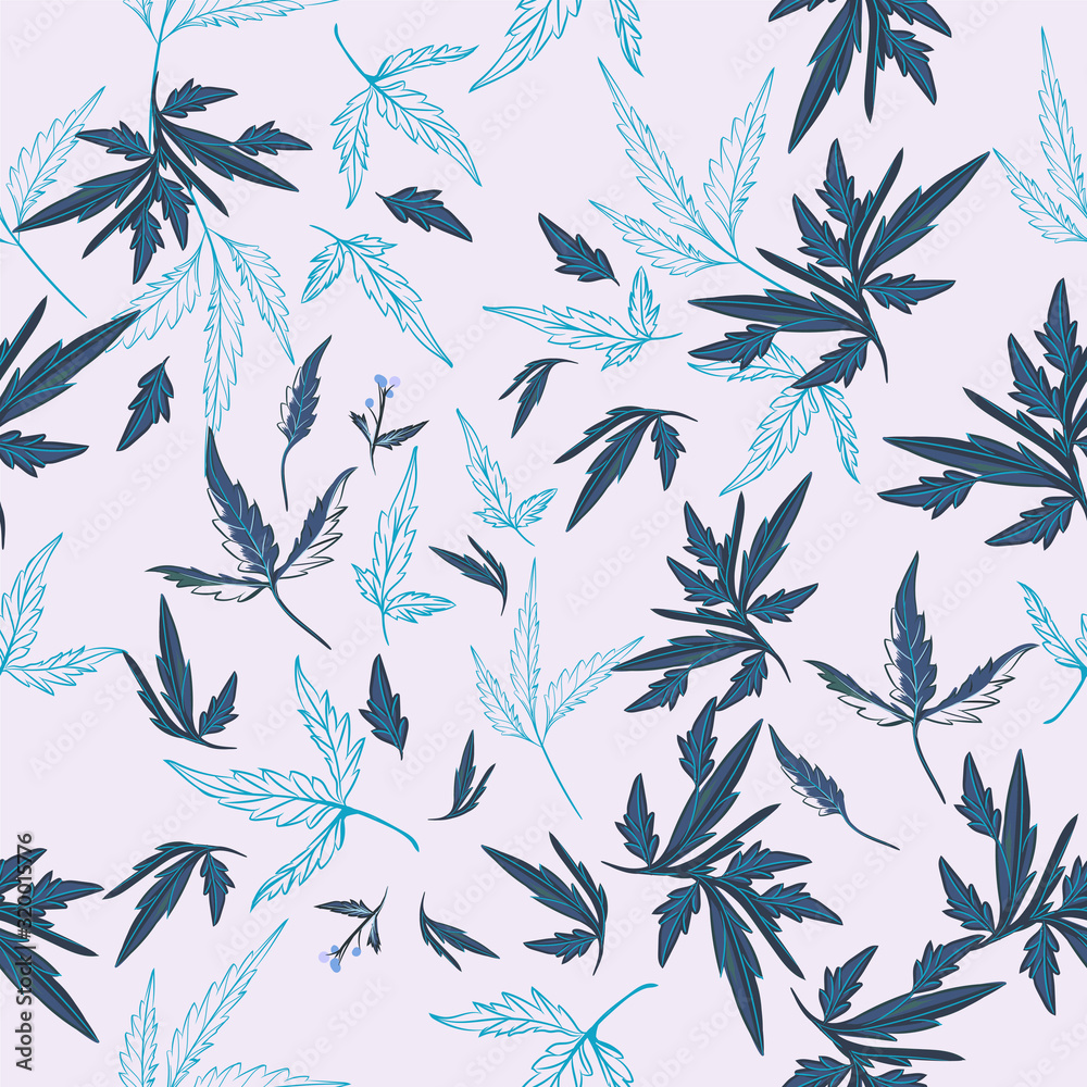 Naklejka premium Floral rustic vector pattern with leaves and plants in blue color