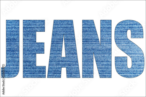 The word JEANS with a background of blue denim fabric. Structure of cotton jeans cloth. Texture of blue jean textile for backgrounds and design.