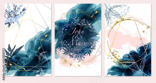 Set of card with field flowers, leaves. Wedding navy blue and gold concept. Floral poster, invite. Vector decorative greeting card or invitation design background