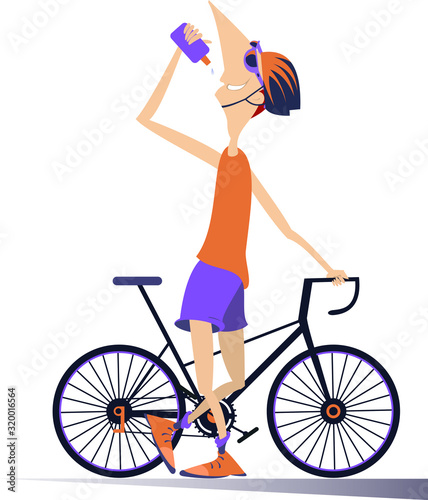 Smiling cyclist with a bike drinks water isolated illustration. Cartoon smiling cyclist man in helmet holds a bike and drinks water isolated on white illustration