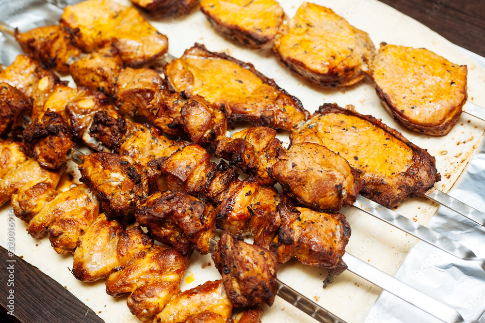 Spiced meat fried in tandoor. Shish kebab. Barbecue.