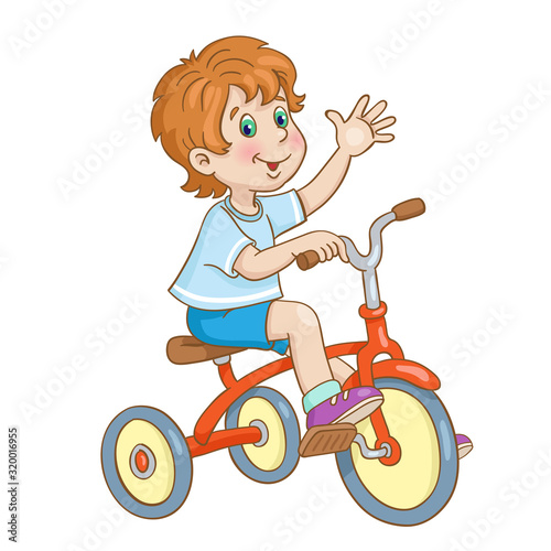Little funny boy rides a tricycle and waves his hand. In cartoon style. Isolated on white background. Vector illustration.