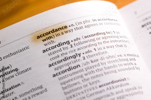 The word or phrase Accordance in a dictionary.