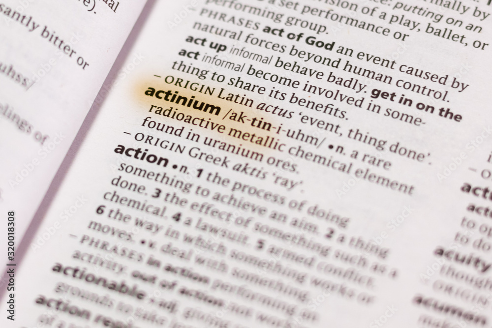 The word or phrase Actinium in a dictionary. The word or phrase Actinium in a dictionary.