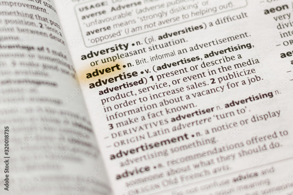 The word or phrase Advert in a dictionary. The word or phrase Advert in a dictionary.