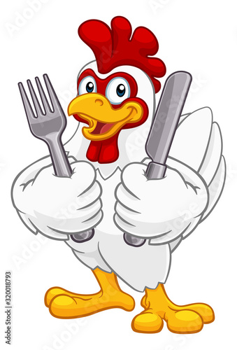 A chicken rooster cockerel cartoon character food mascot holding knife and fork cutlery