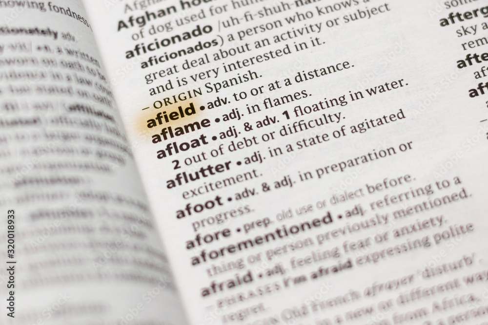 The word or phrase Afield in a dictionary. The word or phrase Afield in a dictionary.