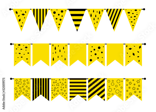 Set of yellow flags with geometric patterns for decorating the holiday, party, children's party. flag garland for festival, birthday. illustration isolated on white background