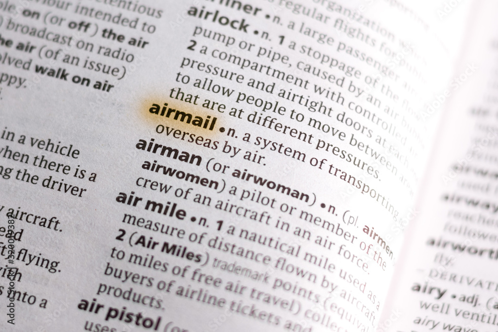 The word or phrase Airmail in a dictionary. The word or phrase Airmail in a dictionary.