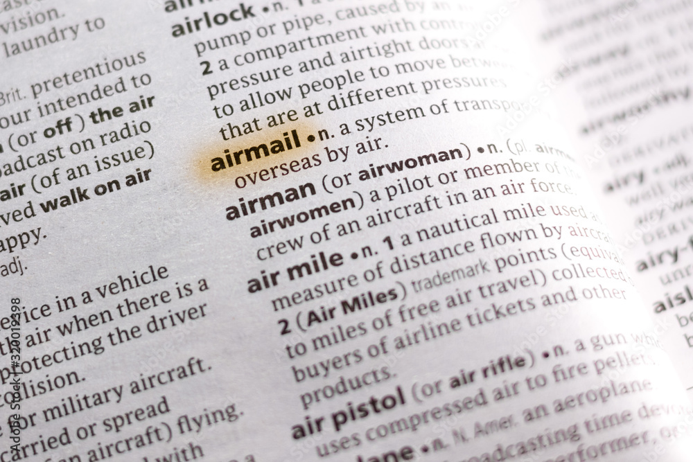 The word or phrase Airmail in a dictionary. The word or phrase Airmail in a dictionary.