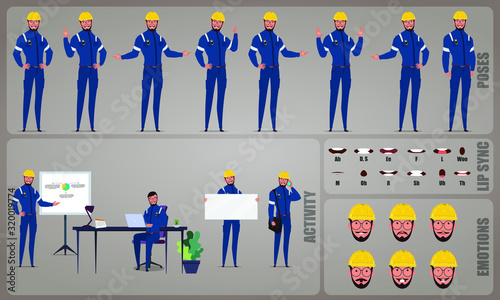 Engineer or Architect worker character Set. Collection of character body Poses, facial gestures, Engineer  activities and Lip syncs poses. Ready-to-use and animate, character set. Vector illustration.