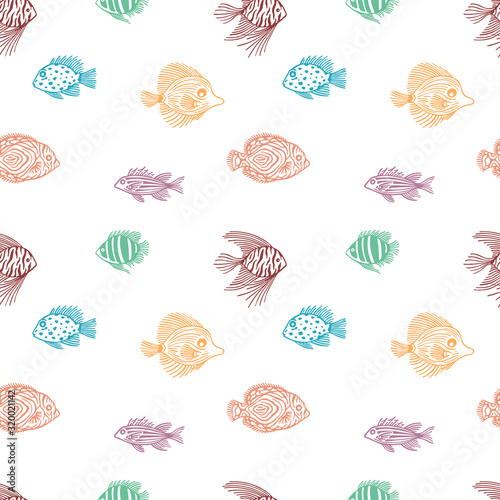 Seamless pattern of color fish on white background. Vector outline endless fish pattern. For wrapping paper, box,scrapbooking, background. Design for fish market, shop, restaurant.