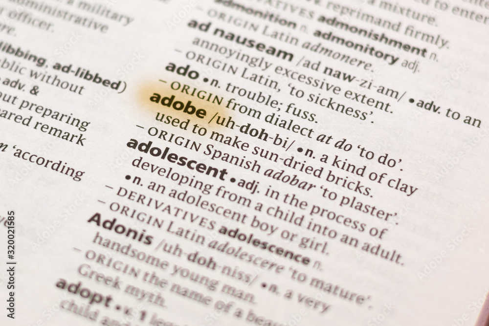 Ivanovsk, Russia - November 19, 2018: The word or phrase Adobe in a dictionary. Ivanovsk, Russia - November 19, 2018: The word or phrase Adobe in a dictionary.
