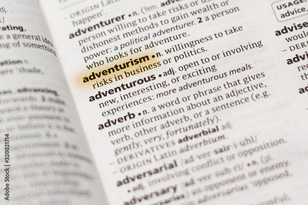 Ivanovsk, Russia - November 19, 2018: The word or phrase Adventurism in a dictionary. Ivanovsk, Russia - November 19, 2018: The word or phrase Adventurism in a dictionary.