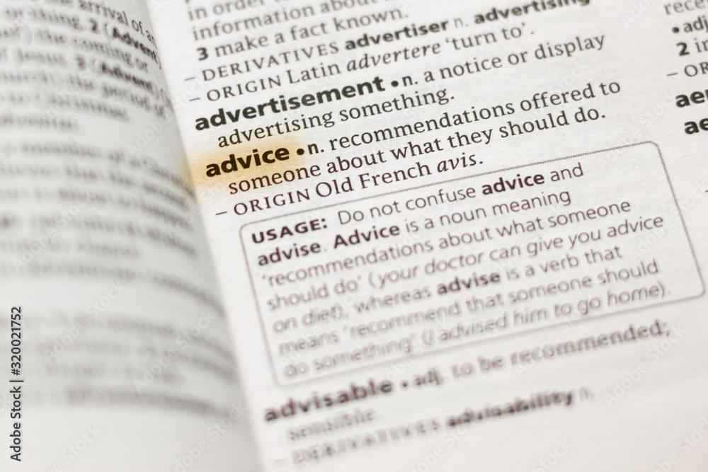 Ivanovsk, Russia - November 19, 2018: The word or phrase Advice in a dictionary. Ivanovsk, Russia - November 19, 2018: The word or phrase Advice in a dictionary.